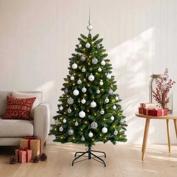 Umjetno božićno drvce srednje zeleno s kuglicama 150 cm - Srednje zelena Ø 80 x 150 cm s 150 LED dioda i srebrnim kuglicama