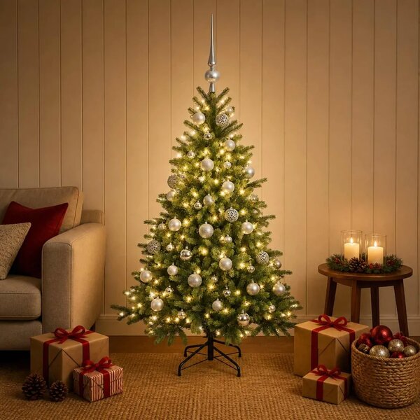 Umjetno božićno drvce s kuglicom 150 cm 150 LED lampica - 150 cm s LED-ima i srebrnim lopticama