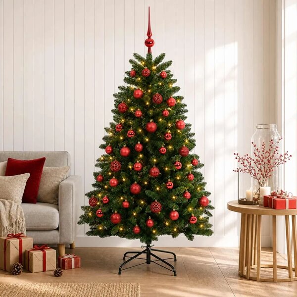 Umjetno božićno drvce srednje zeleno s kuglicama 150 cm - Srednje zelena Ø 80 x 150 cm s 150 LED dioda i crvenim lopticama