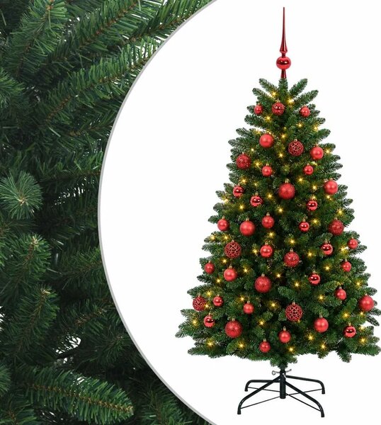 Umjetno božićno drvce srednje zeleno s kuglicama 150 cm - Srednje zelena Ø 80 x 150 cm s 150 LED dioda i crvenim lopticama
