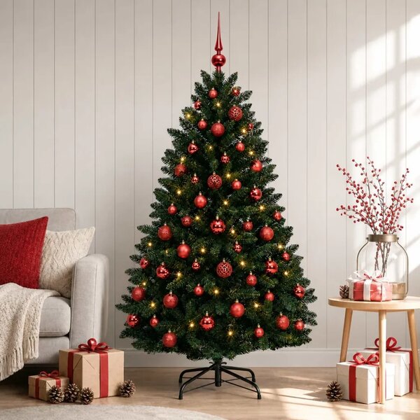 Umjetno božićno drvce tamnozeleno s kuglicama 150 cm - Tamnozelena Ø 80 x 150 cm s 150 LED dioda i crvenim lopticama