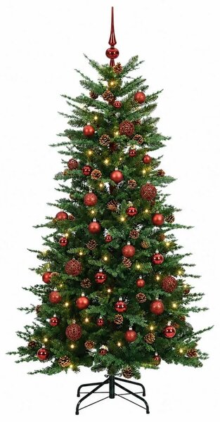 Umjetno božićno drvce s nogom 150 cm 150 LED lampica - Zelena 150 cm s LED-ima i crvenim lopticama