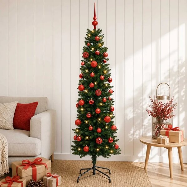 Umjetno usko božićno drvce s kuglicom 120 cm 150 LED lampica - 120 cm s LED-ima i crvenim lopticama Zelena
