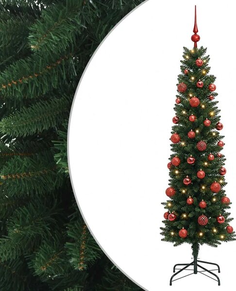 Umjetno usko božićno drvce s kuglicom 120 cm 150 LED lampica - 120 cm s LED-ima i crvenim lopticama Zelena