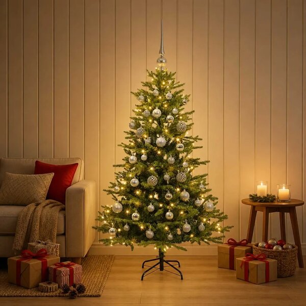 Umjetno božićno drvce s kuglicom 120 cm 150 LED lampica - Zelena 120 cm s LED-ima i srebrnim lopticama