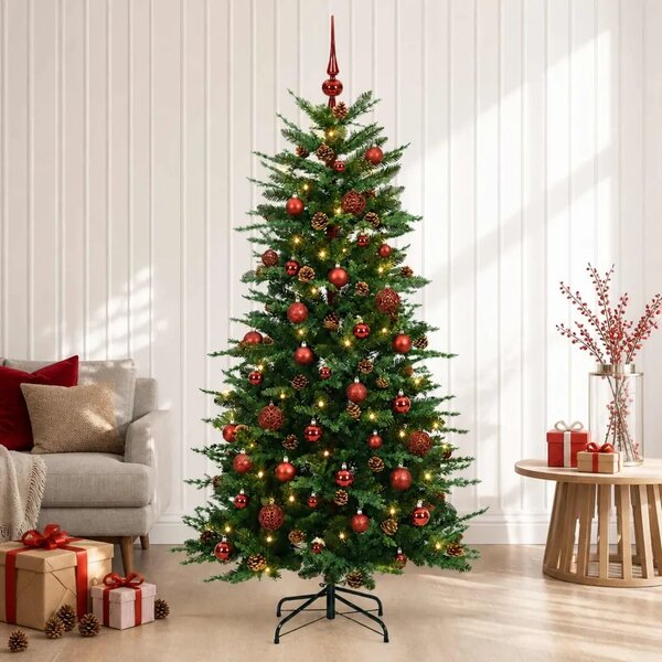 Umjetno božićno drvce s nogom 150 cm 150 LED lampica - Zelena 150 cm s LED-ima i crvenim lopticama