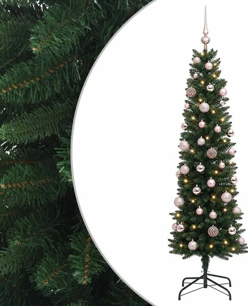 Umjetno usko božićno drvce s kuglicom 120 cm 150 LED lampica - 120 cm s LED-ima i ružičastim lopticama Zelena