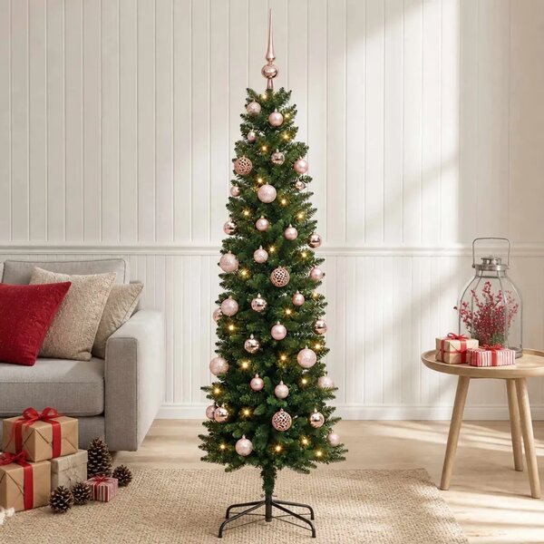 Umjetno usko božićno drvce s kuglicom 120 cm 150 LED lampica - 120 cm s LED-ima i ružičastim lopticama Zelena