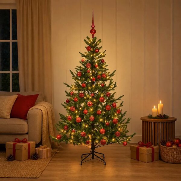 Umjetno božićno drvce s kuglicom 120 cm 150 LED lampica - Zelena 120 cm s LED-ima i crvenim lopticama