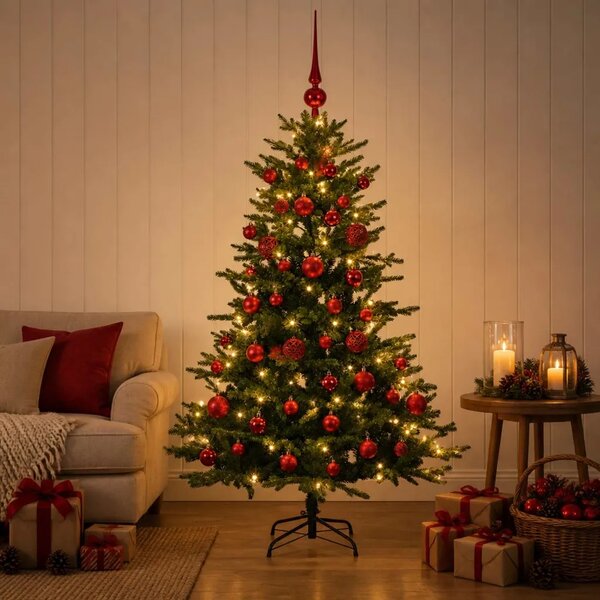 Umjetno božićno drvce s kuglicama 120 cm 150 LED lampica - Zelena 120 cm s LED-ima i crvenim lopticama