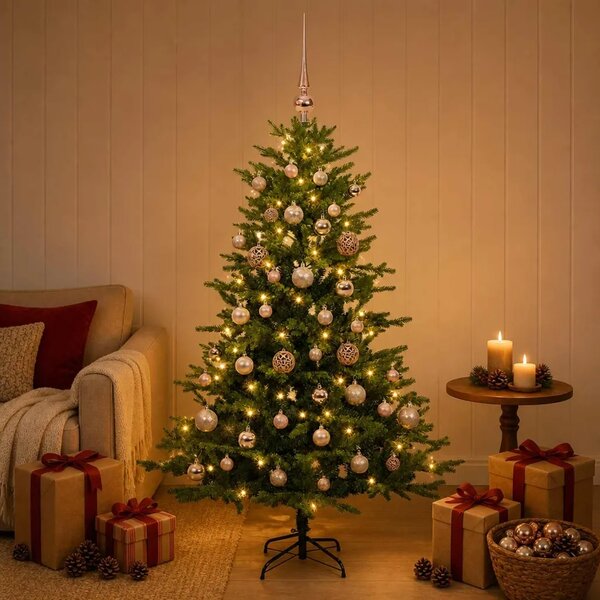 Umjetno božićno drvce s kuglicama 120 cm 150 LED lampica - Zelena 120 cm s LED-ima i ružičastim lopticama