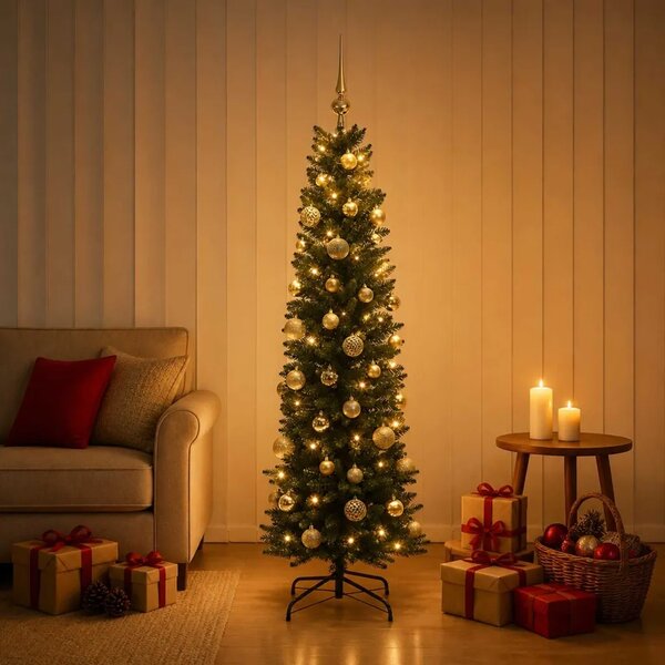 Umjetno usko božićno drvce s kuglicom 120 cm 150 LED lampica - 120 cm s LED-ima i zlatnim/bronzanim kuglicama Zelena