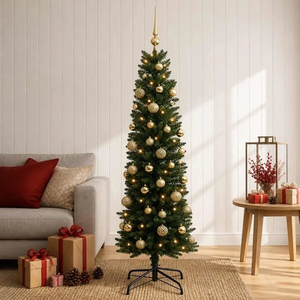 Umjetno usko božićno drvce s kuglicom 120 cm 150 LED lampica - 120 cm s LED-ima i zlatnim/bronzanim kuglicama Zelena