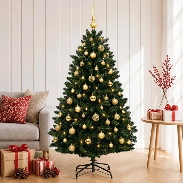 Umjetno božićno drvce tamnozeleno s kuglicama 150 cm - Tamnozelena Ø 80 x 150 cm s 150 LED dioda i zlatnim kuglicama