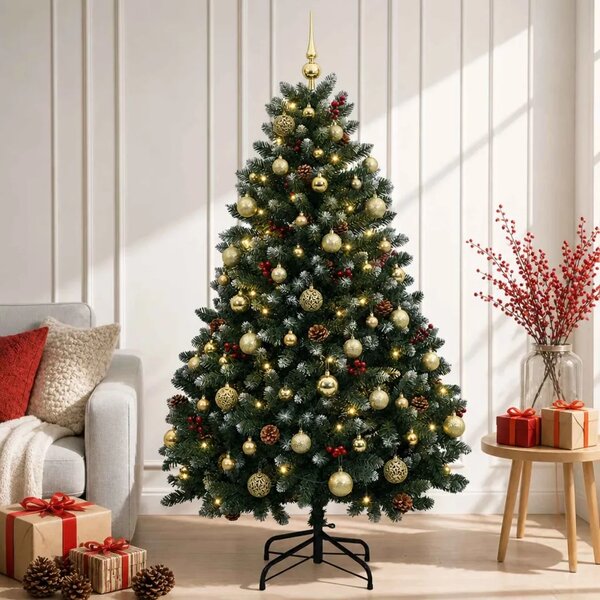 Umjetno božićno drvce zeleno s kuglicom 150 cm 150 LED lampica - Zelena s mraženim vrhovima Ø 80 x 150 cm s 150 LED dioda i zlat
