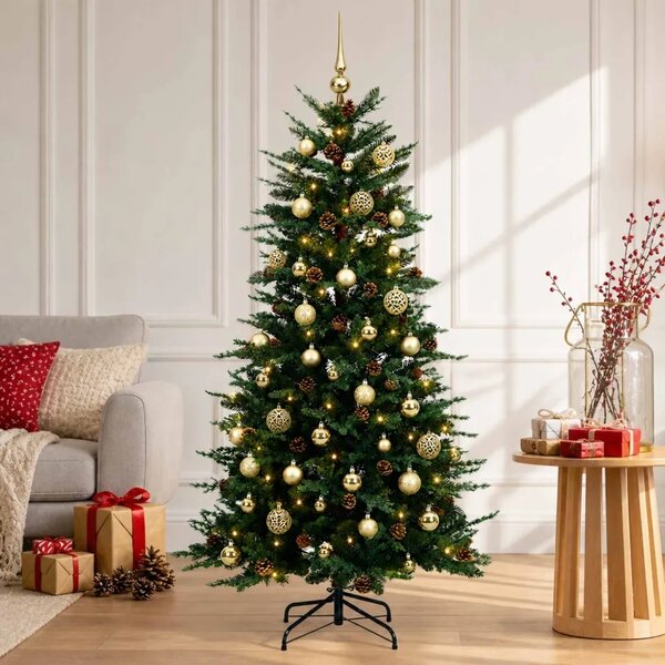 Umjetno božićno drvce s nogom 150 cm 150 LED lampica - Zelena 150 cm s LED žaruljama i zlatnim kuglicama
