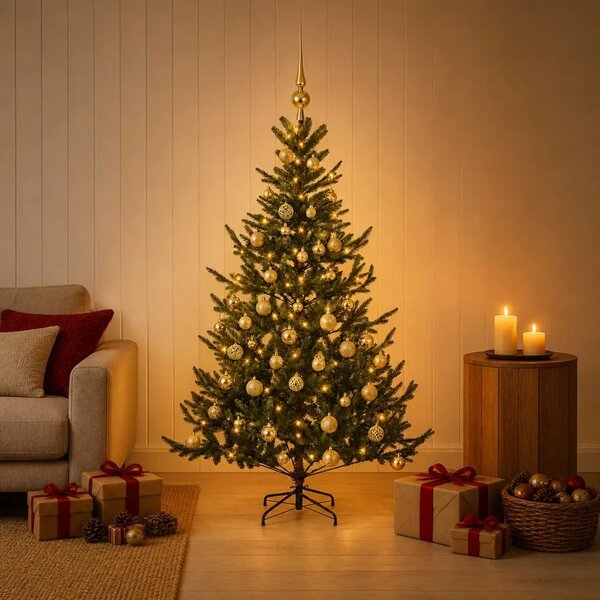 Umjetno božićno drvce s kuglicom 120 cm 150 LED lampica - Zelena 120 cm s LED žaruljama i zlatnim kuglicama