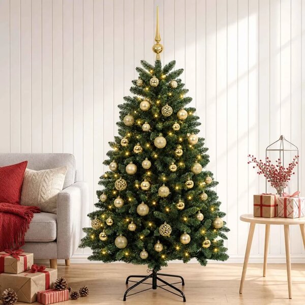 Umjetno božićno drvce srednje zeleno s kuglicama 150 cm - Srednje zelena Ø 80 x 150 cm s 150 LED dioda i zlatnim kuglicama