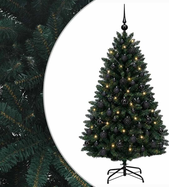 Umjetno božićno drvce tamnozeleno s kuglicama 150 cm - Tamnozelena Ø 80 x 150 cm s 150 LED dioda i crnim lopticama