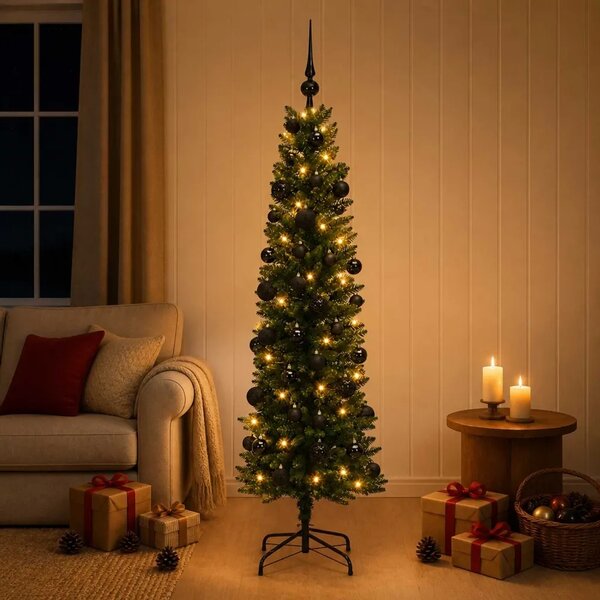 Umjetno usko božićno drvce s kuglicom 120 cm 150 LED lampica - 120 cm s LED-ima i crnim lopticama Zelena