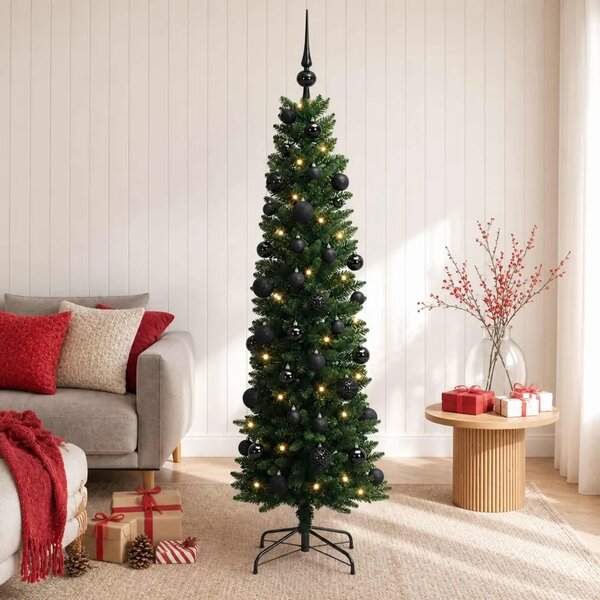 Umjetno usko božićno drvce s kuglicom 120 cm 150 LED lampica - 120 cm s LED-ima i crnim lopticama Zelena