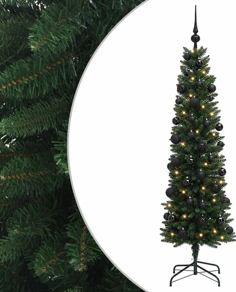 Umjetno usko božićno drvce s kuglicom 120 cm 150 LED lampica - 120 cm s LED-ima i crnim lopticama Zelena