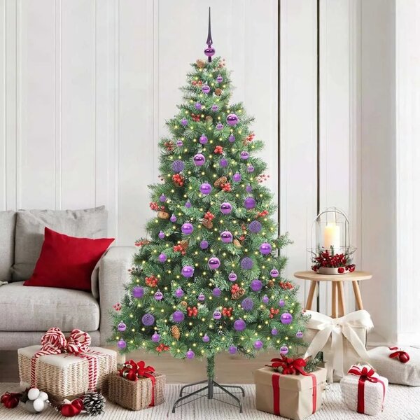 Umjetno božićno drvce 300 LED lampica Topla bijela PVC i metal - 180 cm s LED-ima i ljubičastim kuglicama