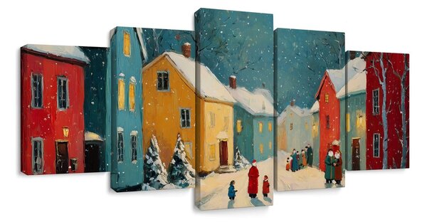 5-dijelna slika zimsko selo pod snijegom