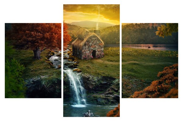 Slika kućice u bajkovitom krajoliku (90x60 cm)