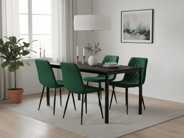 Blagovaonski set 1 + 4, crni stol RAMOD 100x60 cm s mramornim dekorom + zelena stolica TURIN s crnim nogama