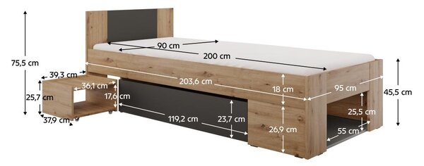 Jednostruki krevet (ležaj) 90 cm Uniforme (hrast artisan + antracit) (sa prostorom za odlaganje)