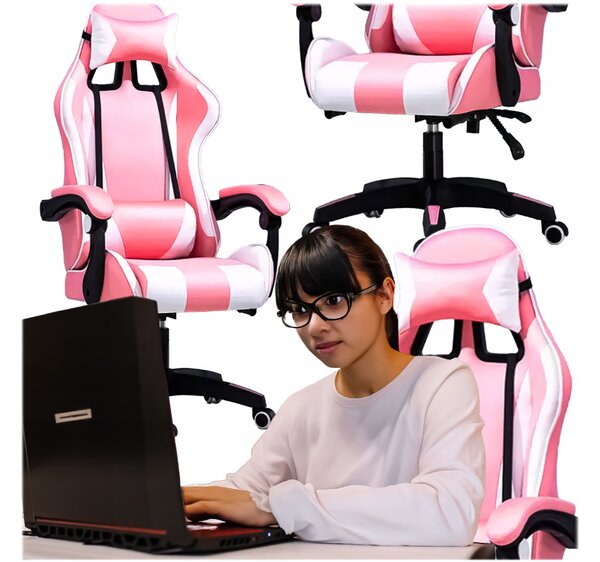 Udobna gaming stolica s ružičasto-bijelim jastukom