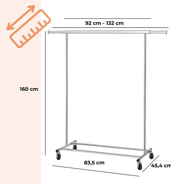 Stalak za odjeću na kotačićima INEZ, max. 90 kg, 83,5x45x160 cm, srebrni Jurhan
