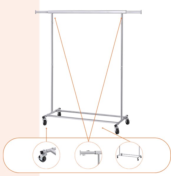 Stalak za odjeću na kotačićima INEZ, max. 90 kg, 83,5x45x160 cm, srebrni Jurhan