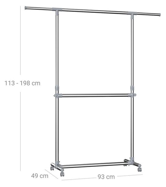 Stalak za odjeću na dvije razine JASON, 93x49x113–198 cm, srebrni SongmicsHome