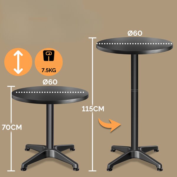 Podesivi aluminijski barski stol NERO, Ø60 cm, crna Casaria