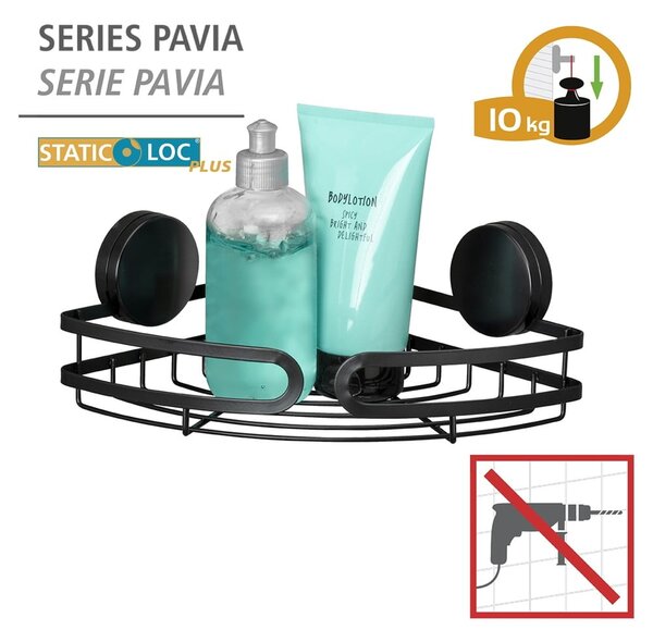 Crna kutna kupaonska polica Wenko Static-Loc® Pavia, širine 27 cm