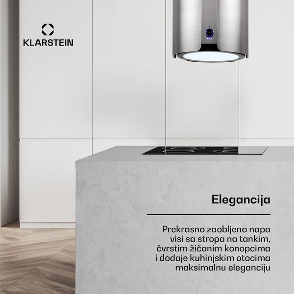 Klarstein Skyfall, otočna napa, Ø 45 cm, recirkulacija, 413 m³ / h, LED, srebrna