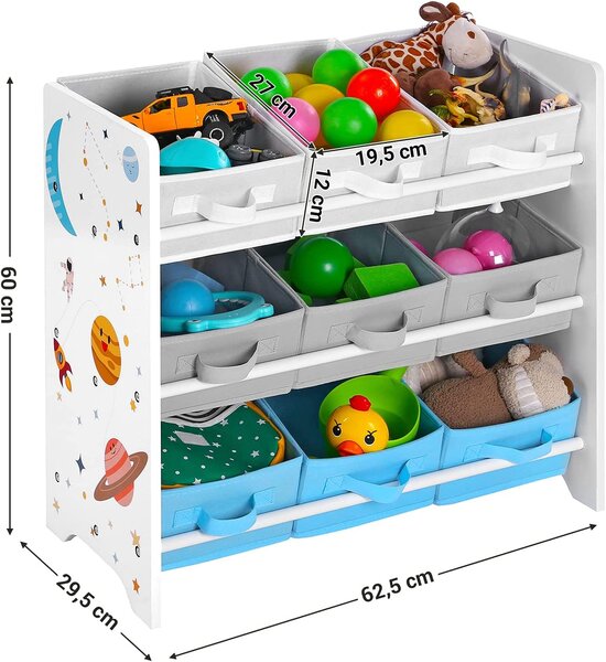 SongmicsHome Regal za igračke VESMIR, 9 kutija, 62,5x29,5x60 cm, bijeli s naljepnicama