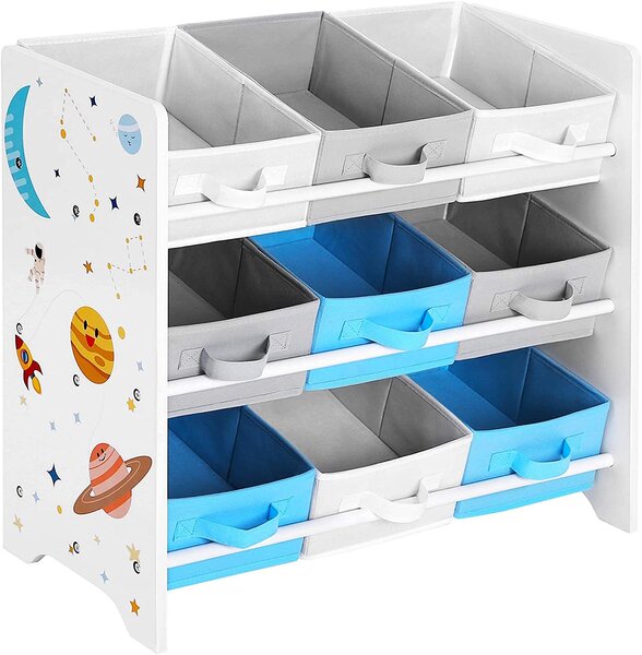 SongmicsHome Regal za igračke VESMIR, 9 kutija, 62,5x29,5x60 cm, bijeli s naljepnicama