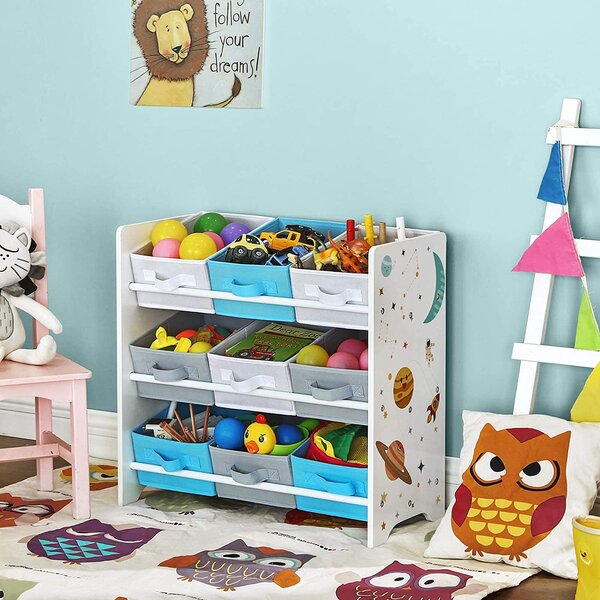 SongmicsHome Regal za igračke VESMIR, 9 kutija, 62,5x29,5x60 cm, bijeli s naljepnicama
