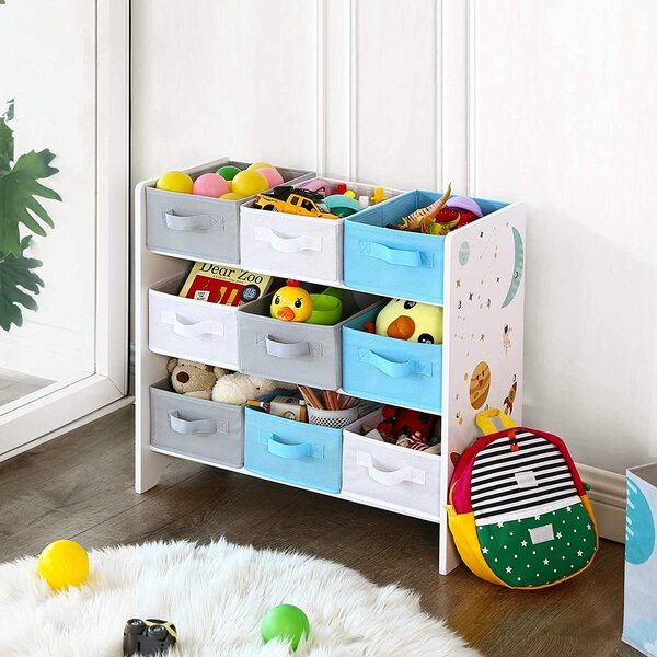 SongmicsHome Regal za igračke VESMIR, 9 kutija, 62,5x29,5x60 cm, bijeli s naljepnicama