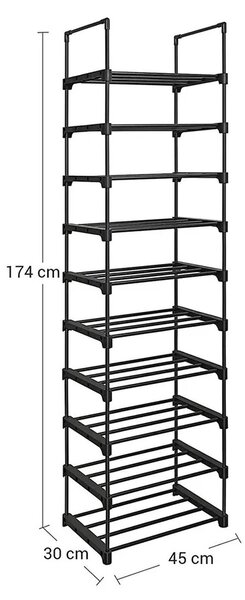 Modularni regal za cipele TUBE, 10 polica, 45x30x174 cm, crni SongmicsHome