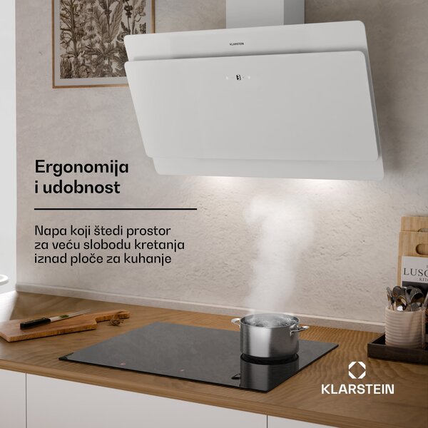 Klarstein Aurica 90, kuhinjska napa, 90 cm, 607 m³/h, LED, touch screen, staklo, bijela boja