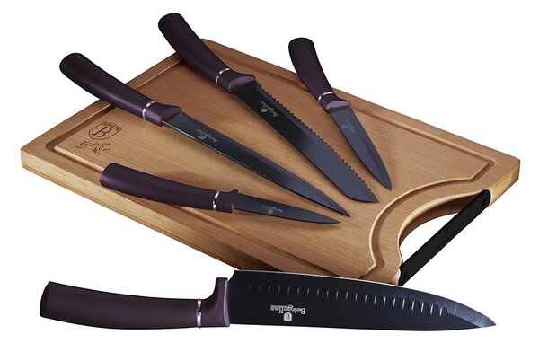 BerlingerHaus - Set noževa od nehrđajućeg čelika 5kom ljubičasta/crna s daskom za rezanje od bambusa