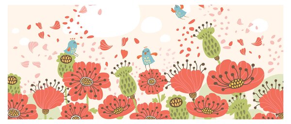 Slika - Ptice na cvetočem travniku (120x50 cm)