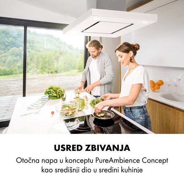 Klarstein Valeria, otočna napa, 90 cm, 650 m³ / h, dodir, energetski razred A, LED, staklo, nehrđajući čelik, bijela