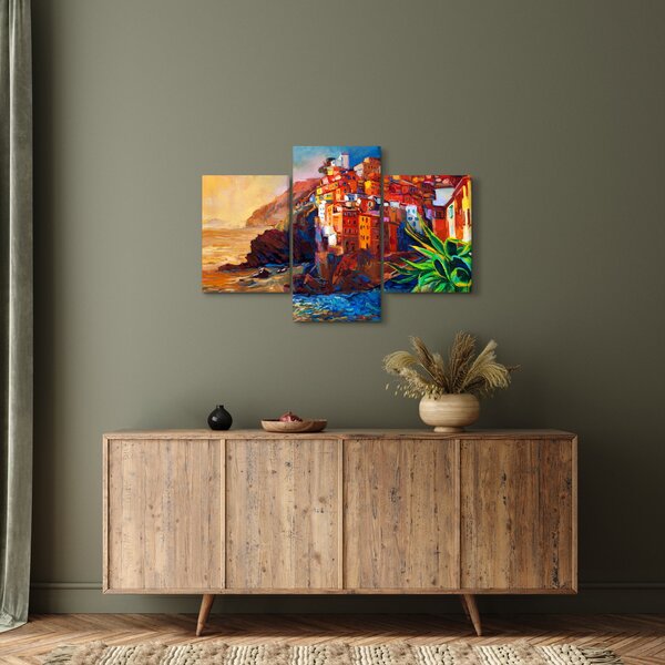 Slika - Vas na obali Cinque Terre, italijanska riviera, moderni impresionizem (90x60 cm)