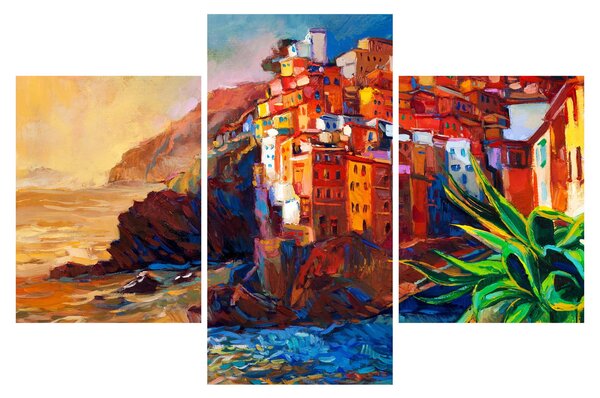 Slika - Vas na obali Cinque Terre, italijanska riviera, moderni impresionizem (90x60 cm)