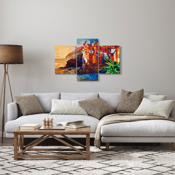 Slika - Vas na obali Cinque Terre, italijanska riviera, moderni impresionizem (90x60 cm)